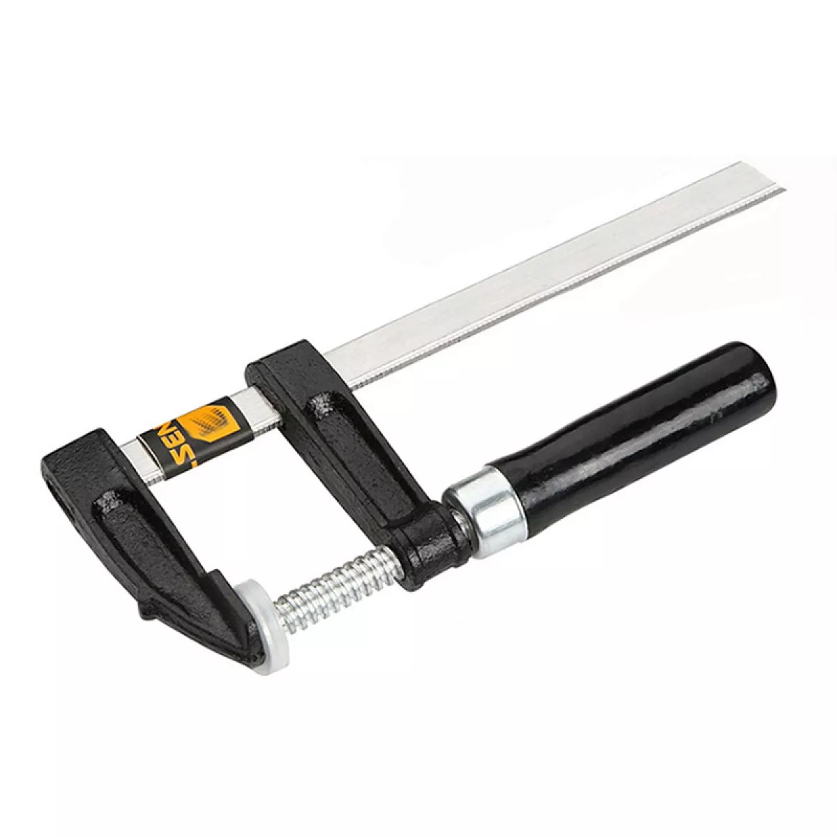 ABRAZADERA EN F 120×500MM - BARRA NIQUELADA, BARRA ROSCADA ZINE PLATEADA Y MANGO DE MADERA