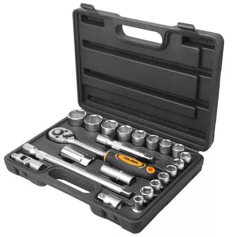 SET DE 15 VASOS METRICOS CRV, 2 PUNTAS DE BUJIAS CRV 16, 21 MM, 1 MANGO, 2 BARRAS DE EXTENSION CRV 125, 250MM, 1 JUNTA UNIVERSAL, 1 ADAPATADOR DE 3 VIAS