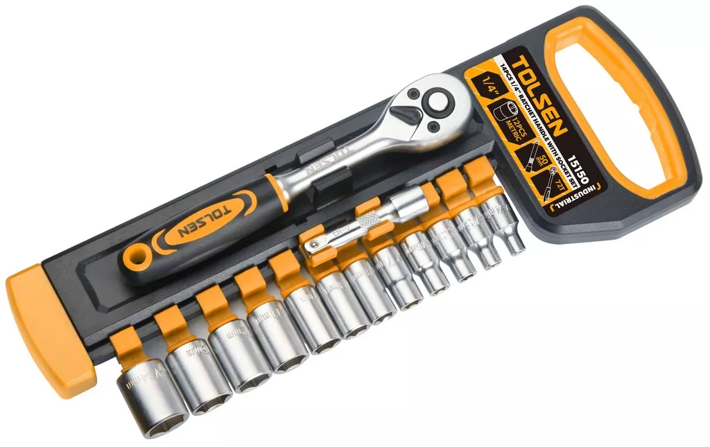 SET DE 14 PIEZAS DE DADOS 1/4" - TAMAÑO: 4,5,5.5,6,7,8,9,10,11,12,13,14 MM, 1 BARRA EXTENSION CRV 50MM, 1 TRINQUETE 72T