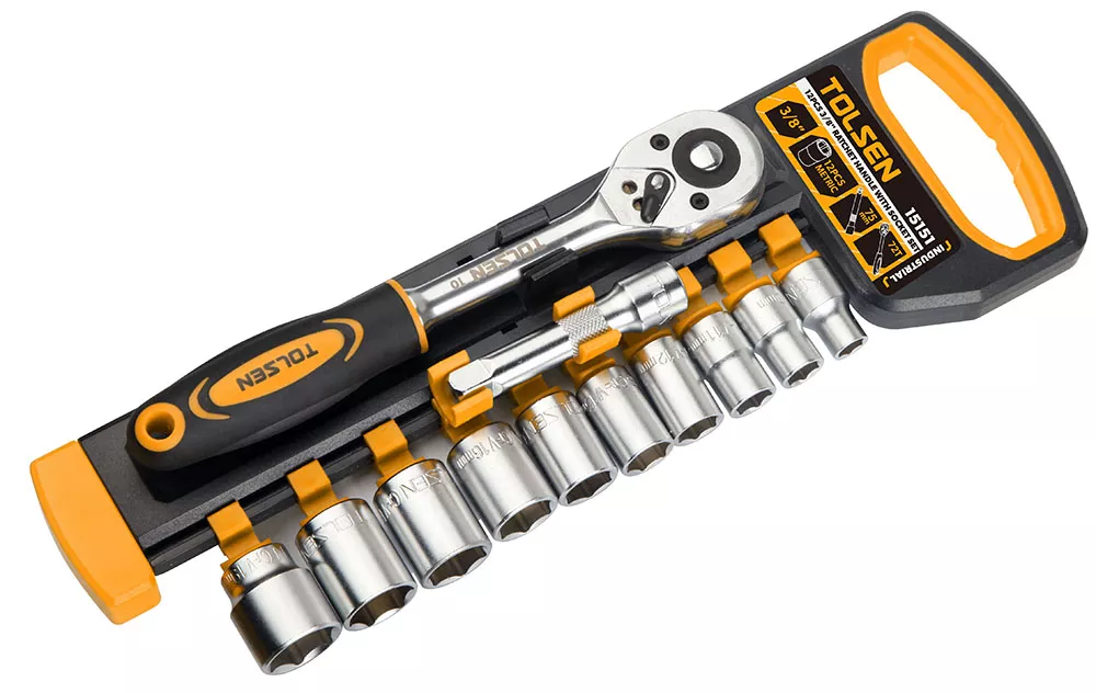 SET DE 10 PIEZAS DE DADOS 3/8" - TAMAÑO: 8,10,11,12,13,14,16,17,18,19 MM, 1 BARRA DE EXTENSIÓN CRV 75MM, 1 PALANCA DE TRINQUETE 72T