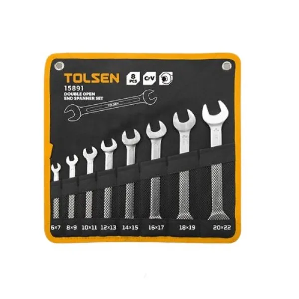 JUEGO DE LLAVES ABIERAS DOBLE, CROMADO, ACABADO SATINADO, MEDIDAS: 6×7, 8×9, 10×11, 12×13,14×15, 16×17, 18×19, 20x22MM