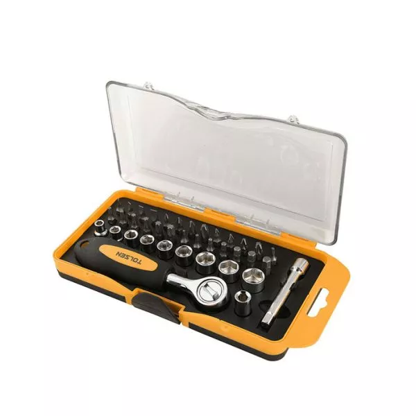 SET DE 26 PZA DE PUNTAS DE 25 MM, SET DE 9 PZA DE DADOS  ¼”: 5,6,7,8,9,10,11,12,13 MM , 1 BARRA DE EXTENSION 3", 1 BROCA DE 1/4" ADAPTADOR, 1 MANGO DE 1/4".