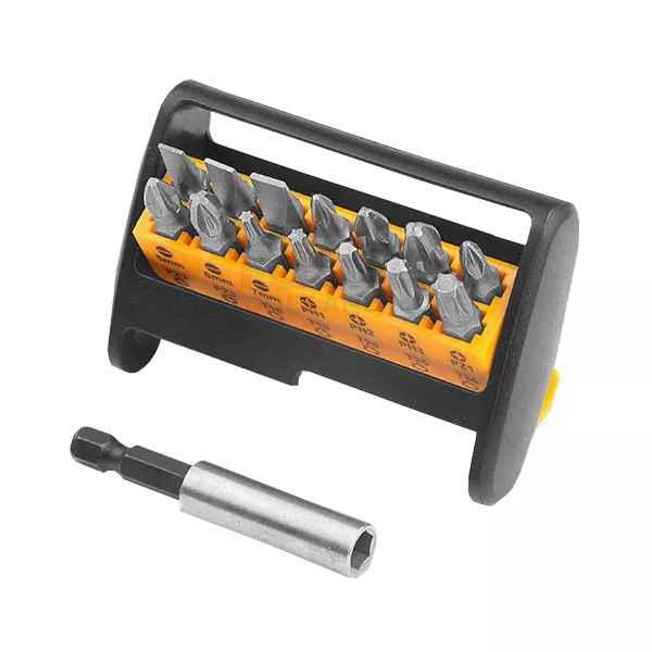 SET DE 15 PUNTAS DESTORNILLADORAS DE 6,35X25MM, MATERIAL ACERO INOXIDABLE, INCLUYE UN ADAPTADOR HEXAGONAL MAGNETICO DE 1/4"X60