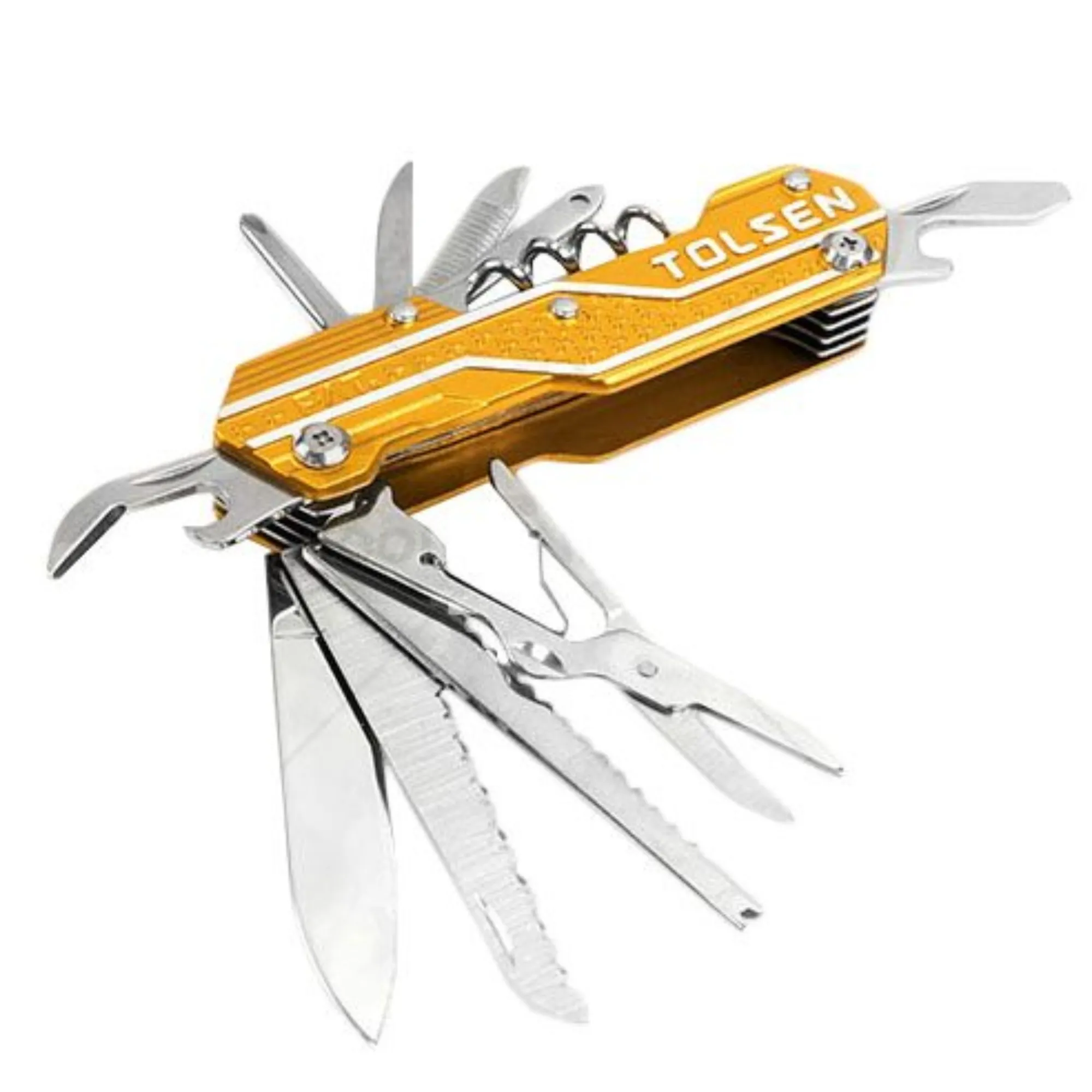 NAVAJA MULTIFUNCION 15 EN 1*ACERO INOX*CUCHILLO,ABRE LATAS,DESTORNILLADOR PUNZON PARA CUERO*ABRE BOTELLAS,TIJERAS,AGUJA,SACACORCHOS,ESCAMADOR DE PESCADO,ETC