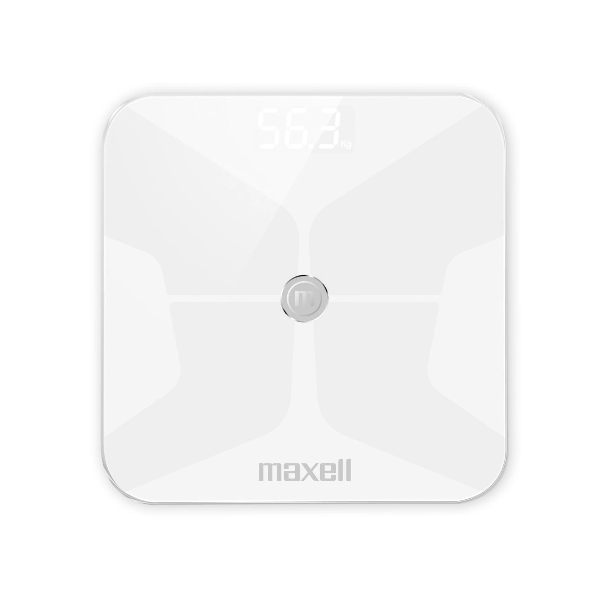 BALANZA DIGITAL FITNESS*BLUETOOTH APP MAXELL SCALE*PANEL DE VIDRIO TEMPLADO*iOS, ANDROID*7 INDICADORES DE COMPOSICION CORPORAL*SENSOR DE ALTA PRECISION*BLANCO