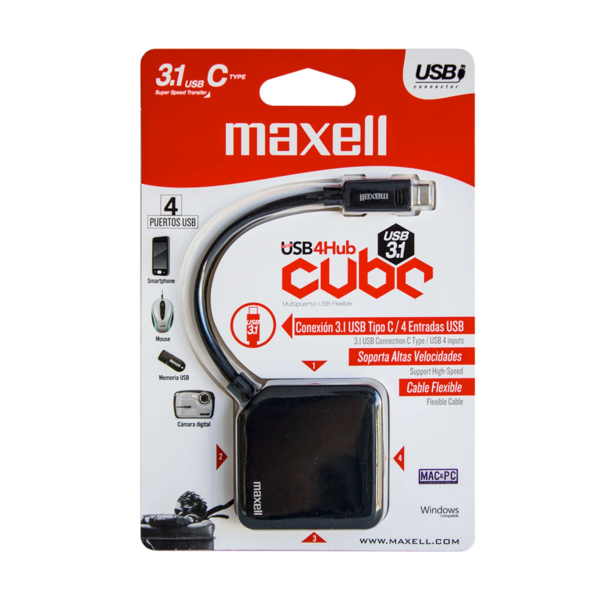 HUB USB 4 PUERTOS 3.1 TIPO-A*DISEÑO CUBO CON CABLE FLEXIBLE 10cm*USO UNIVERSAL DE CARGA Y TRANSFERENCIA DE DATOS*CONEXION USB-C 3.1