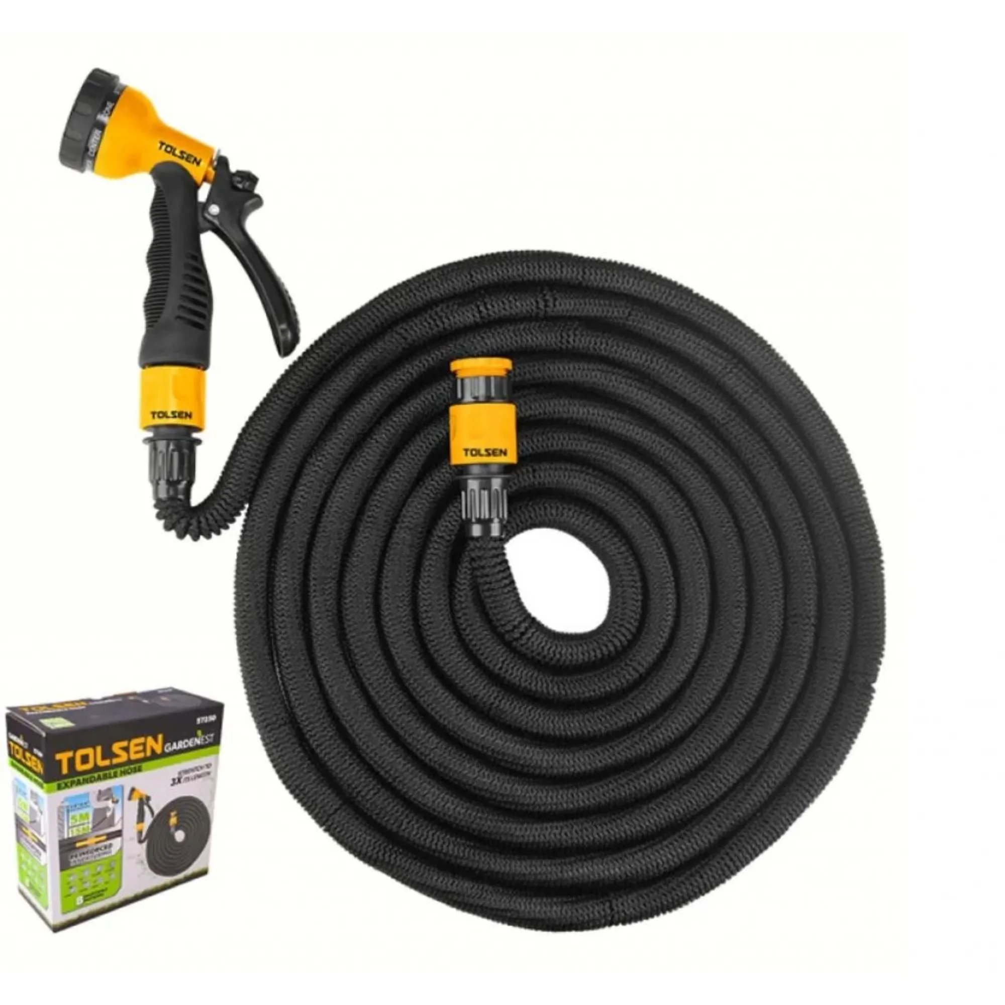MANGUERA EXPANSIBLE 5M(15M)*CONECTOR DE MANGUERA  1/2"-3/4"*NO SE DOBLA*INCLUYE BOQUILLA DE 8 PATRONES*