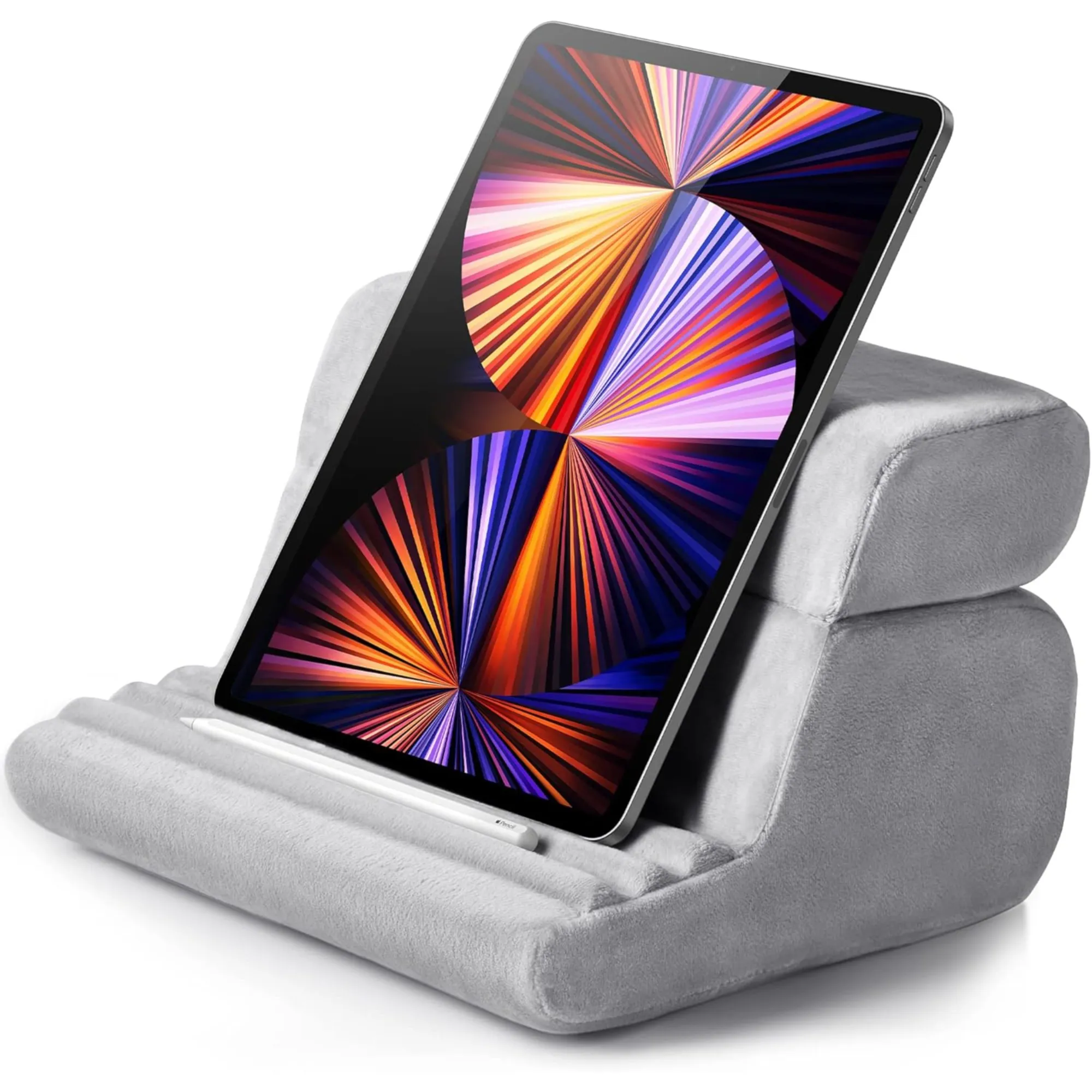 SOPORTE DE ALMOHADA PARA TABLET*DISEÑO PLEGABLE*CON BOLSILLOS*3 ANGULOS DE AJUSTE*COMPATIBLE CON DISPOSITIVOS DE 4.7" - 12.9"*GRIS