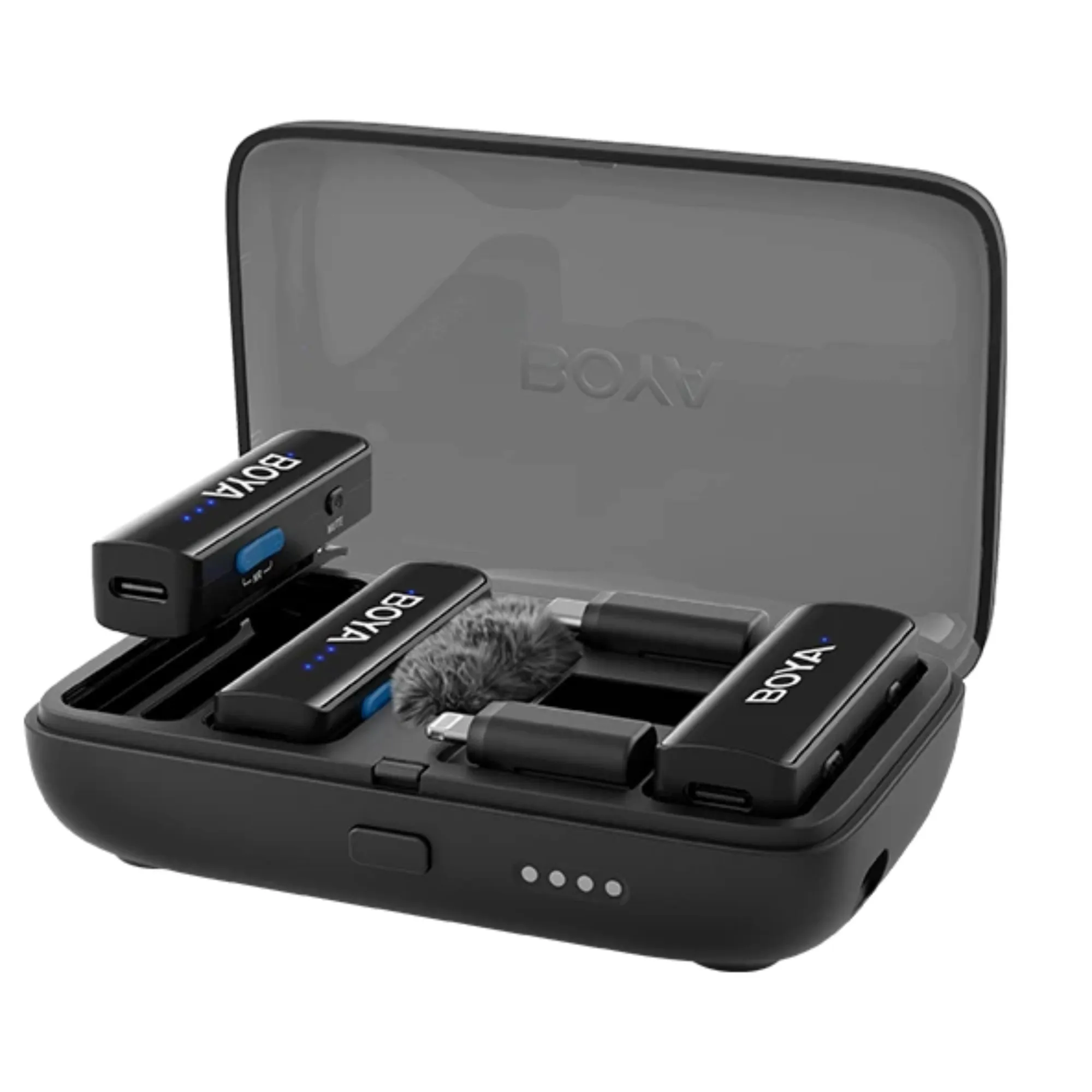 MICROFONO INALAMBRICO 3 EN 1*DOBLE CANAL 2.4GHz*ALCANCE 300M EN CAMPO ABIERTO*USB-C,LIGHTNING,TRS 3.5mm*BATERIA TX 30HR/RX 6HR*ESTUCHE CARGADOR