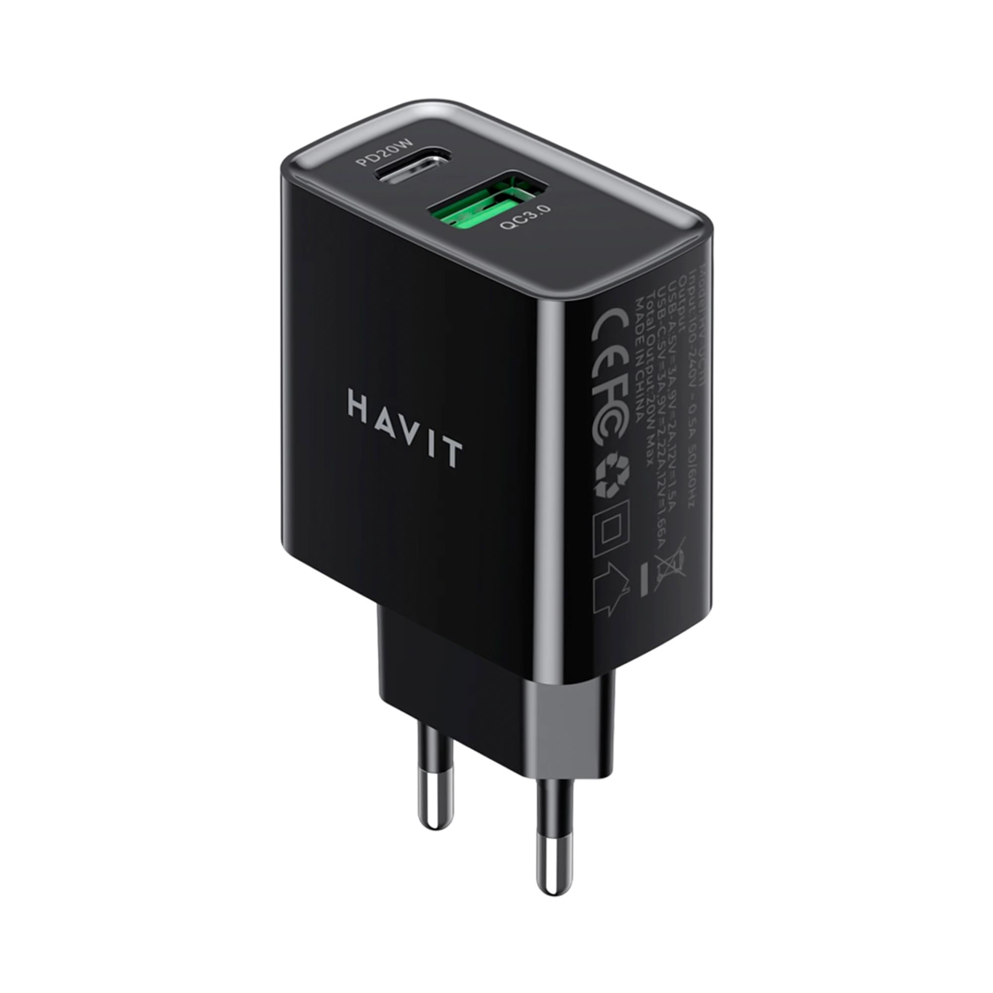 CARGADOR HAVIT NEGRO PD20W+QC3.0*SALIDA 1 USB: 5 V/3 A, 9 V/2 A, 12 V/1,5*SALIDA 2 TIPO-C:  5 V/3 A, 9 V/2,22 A, 12 V/1,5 A*MATERIAL PC