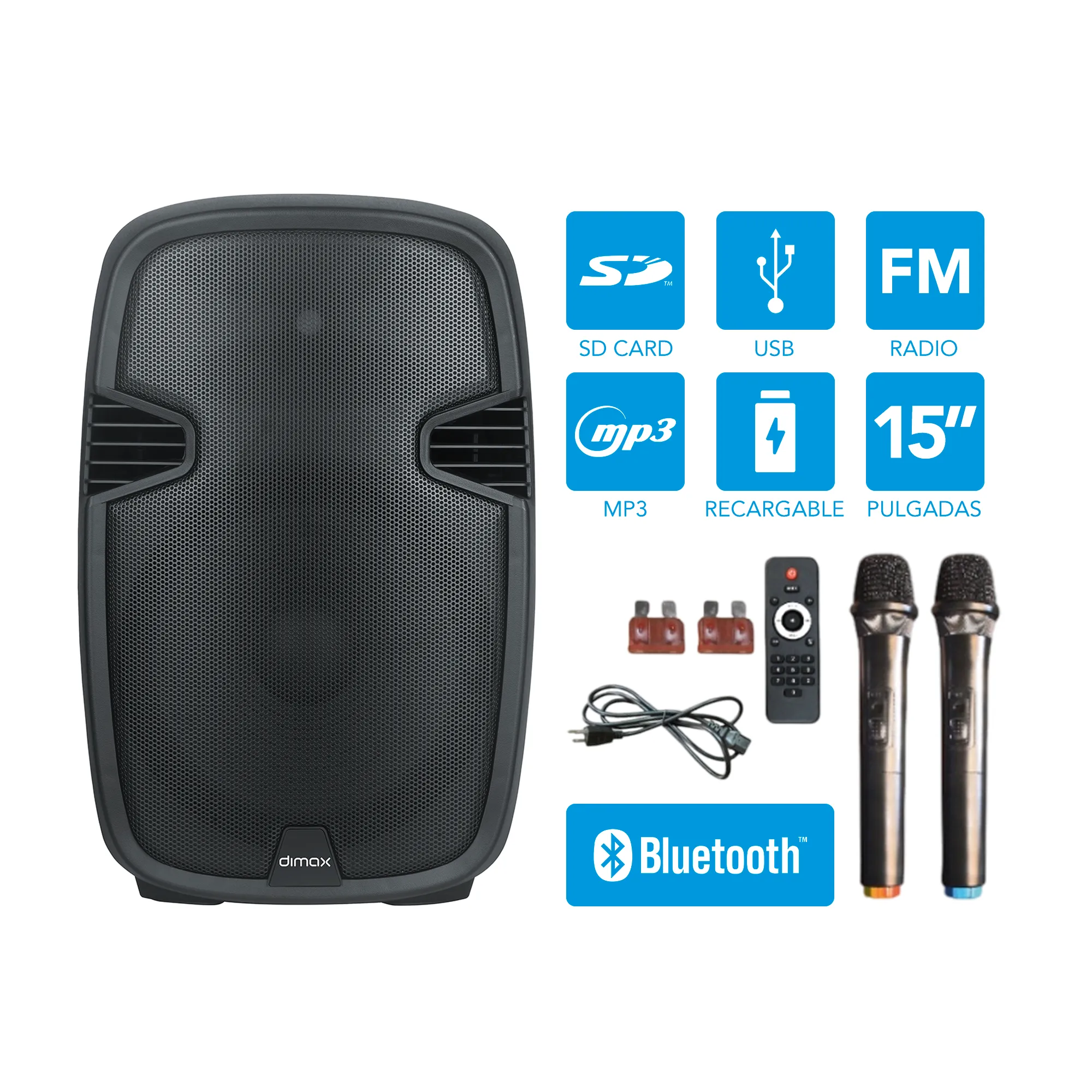 PARLANTE ALTAVOZ 15"+ 2 MICRÓFONOS UHF, POTENCIA 180W RMS, USB/FM/SD/BT/SALIDA DE ALTAVOZ, CABLE DE ALIMENTACION, 8 OHMIOS, CA 90-240V, 12V CC