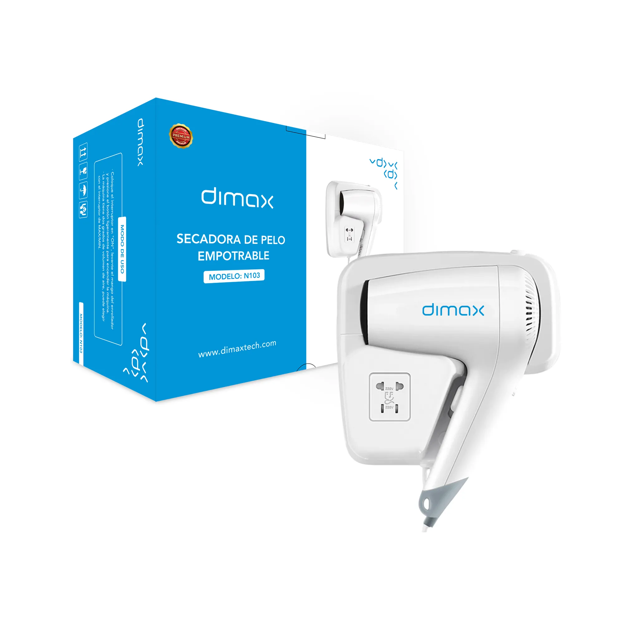SECADORA DE PELO EMPOTRABLE, ENCHUFE INCORPORADO, COLOR BLANCO, PROTECCIÓN IPX1, DIMENSION:185X95X220MM, VELOCIDAD DEL AIRE>11M/S, POTENCIA NOMINAL: 1100W