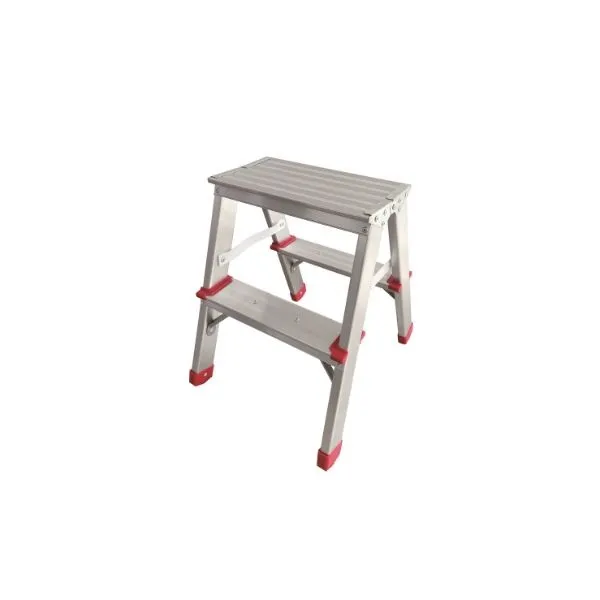 ESCALERA DE ALUMINIO DE 2 PELDAÑOS - BANQUETA - ALTO 45,5 CM, ANCHO DE ABERTURA 42 CM, CAPACIDAD MAX 100 KG, ES PORTATIL, PIES ATORNILLADOS.