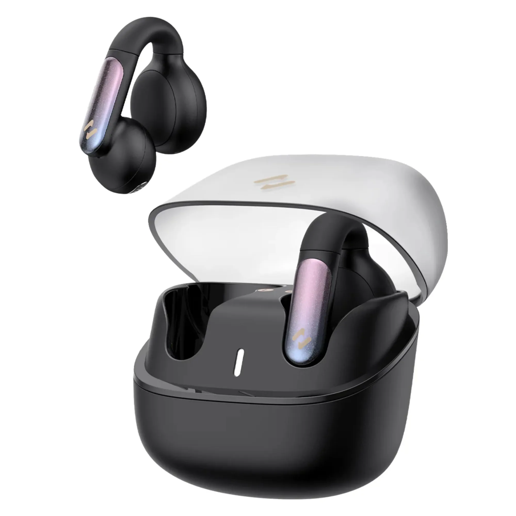 AUDIFONOS INALAMBRICOS ESTILO PENDIENTES*CONDUCCION DE AIRE*AJUSTE FLEXIBLE*LLAMADAS NITIDAS*BT5.3*6.5HR BATERIA*PUERTO DE CARGA TIPO-C*CASE CON CARGADOR*NEGRO