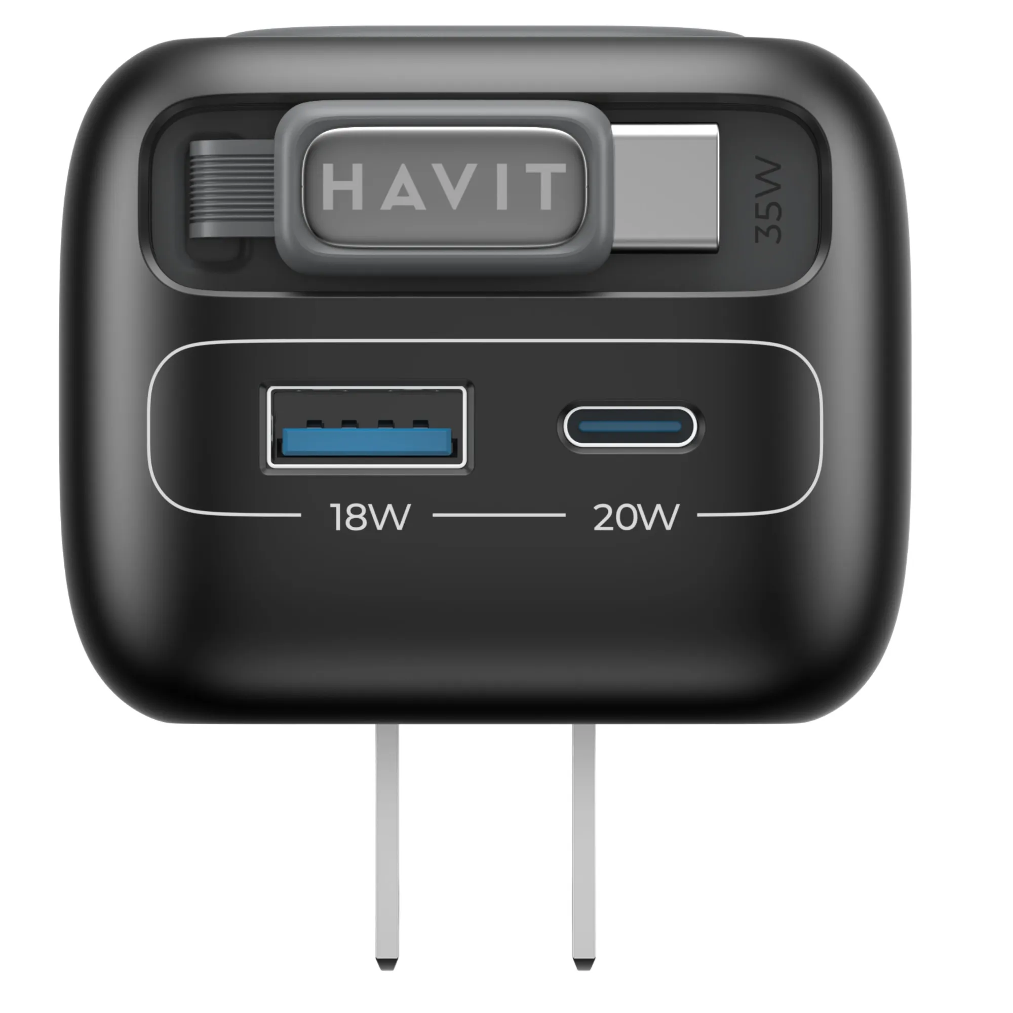 CARGADOR CON CABLE RETRACTIL DE 35W*CABLE USB-C RETRACTIL HASTA 70cm*PUERTOS DE CARGA ADICIONAL USB-A/USB-C