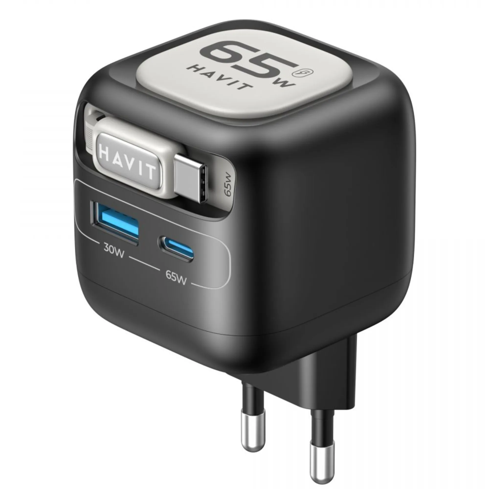 CARGADOR CON CABLE RETRACTIL DE 65W*CABLE USB-C RETRACTIL HASTA 70cm*PUERTOS DE CARGA ADICIONAL USB-A/USB-C