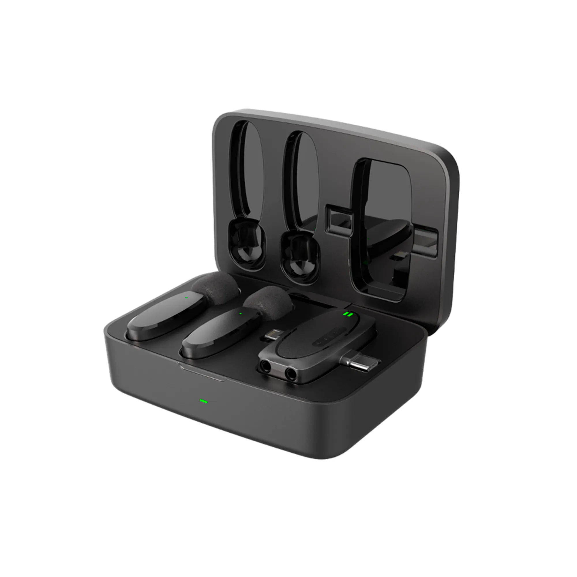 MICRÓFONO DOBLE DE TRIPLE CONEXIÓN*AUTONOMIA DE 6HRS*ESTUCHE DE PROTECCION Y CARGA CON PUERTO TIPO-C*RECEPTOR CON CONEXION 1.LIGHTNING/2.USB-C/3.AUX