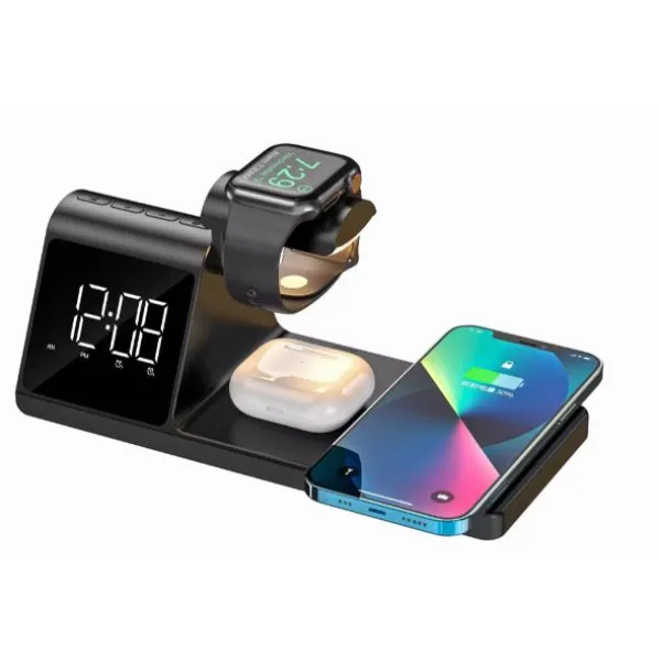 RELOJ MULTIFUNCIONES CON CARGADOR*DESPERTADOR*BASES DE CARGA INALAMBRICA PARA RELOJ 2W,CELULAR 15W-10W-7.5W-5W,AUDIFONOS 3W*USB A SALIDA 5V/1A