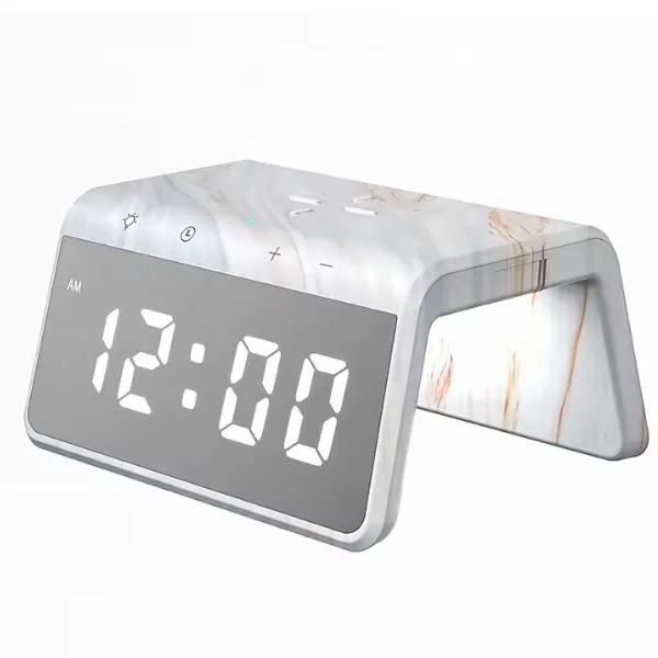 RELOJ CON ALARMA 6 EN 1 MARMOL**CARGADOR INALAMBRICO Y USB,RELOJ,ALARMA,DECORATIVO*LUCES RGB TRASERAS